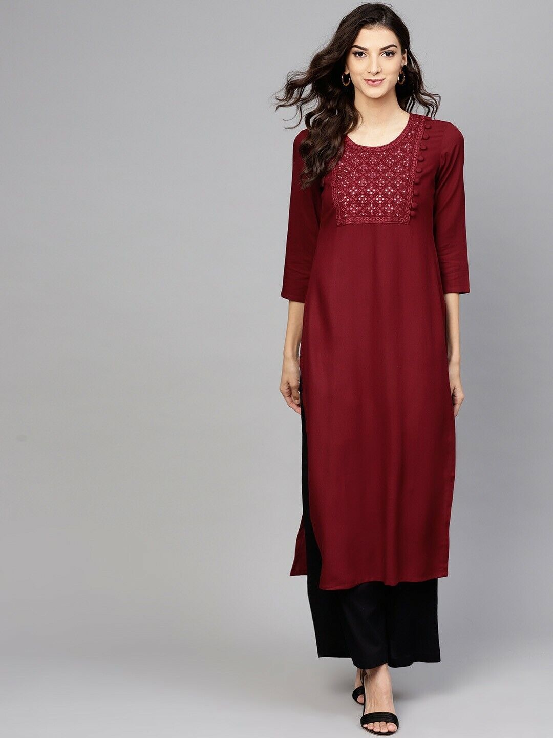 Women Kurta - Maroon Yoke Design Straight Bollywood Bridal Indian Kurta Dress