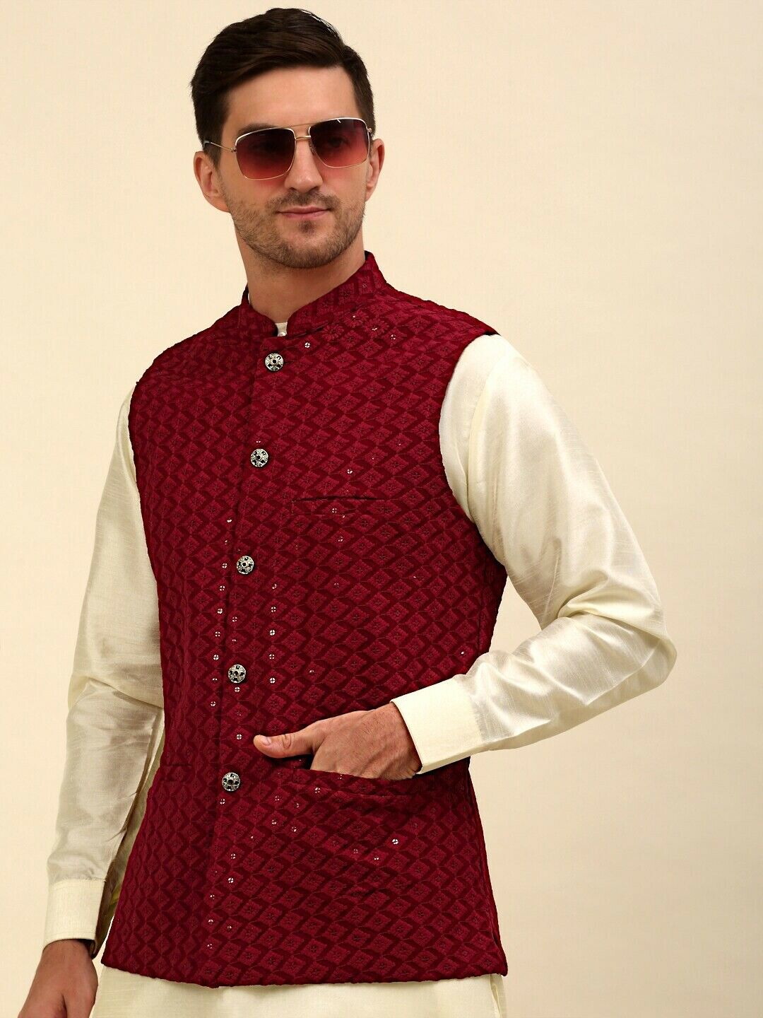 Men Jacket - Maroon Embroidered Sequined Diwali Indian Wedding Nehru Jacket