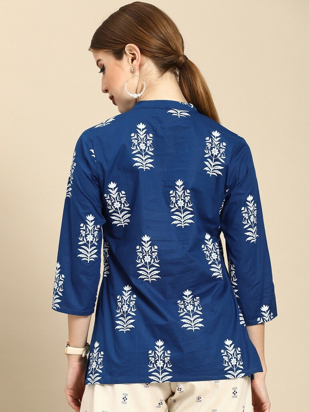 Women Kurta - Bollywood Indian Pakistani Navy Blue & White Cotton Pleated Kurti