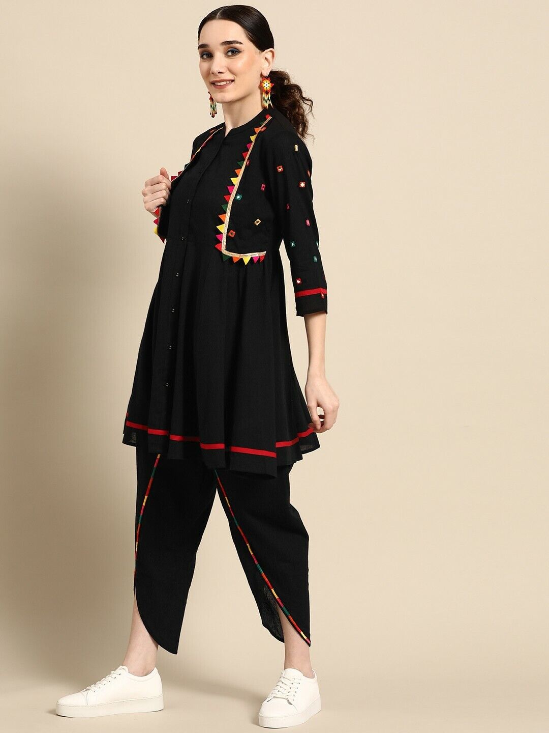 Women Set - Black Pure Cotton Mirror-Work Tunic & Dhoti Pants Set with Dupatta