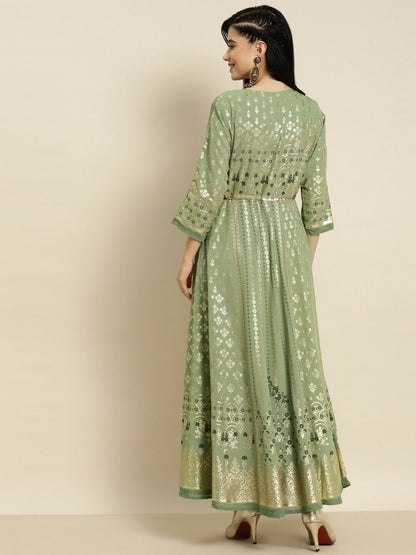 Women Dress - Bollywood India Bridal Sage Green Foil Printed Flared Ethnic Dress