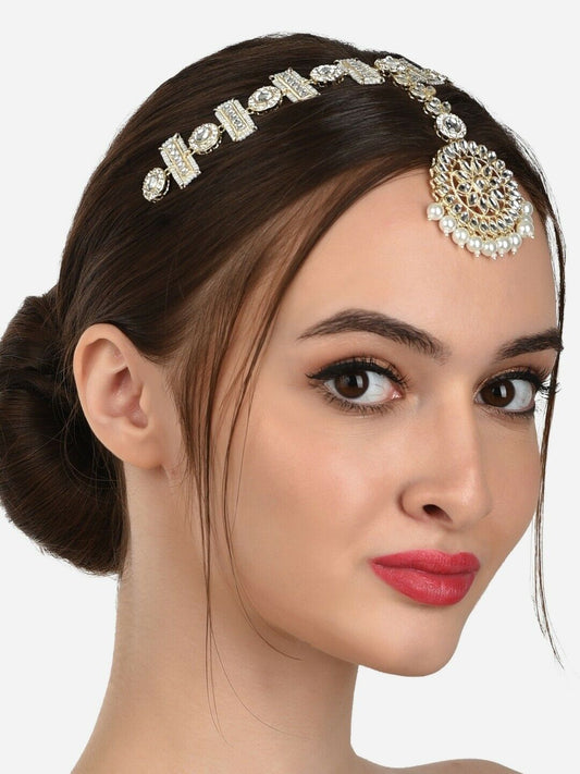 Gold-Plated White Stone-Studded & Pearl Beaded Mathapatti