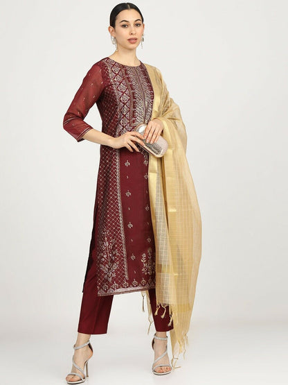 Women Kurta Set- Maroon Ethnic Motifs Regular Kurta with Palazzos & With Dupatta