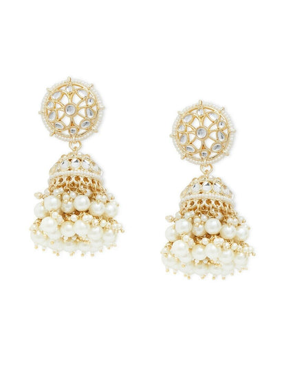 Bollywood Indian Gold-Toned & White Kundan Pearls Contemporary Jhumkas Earrings