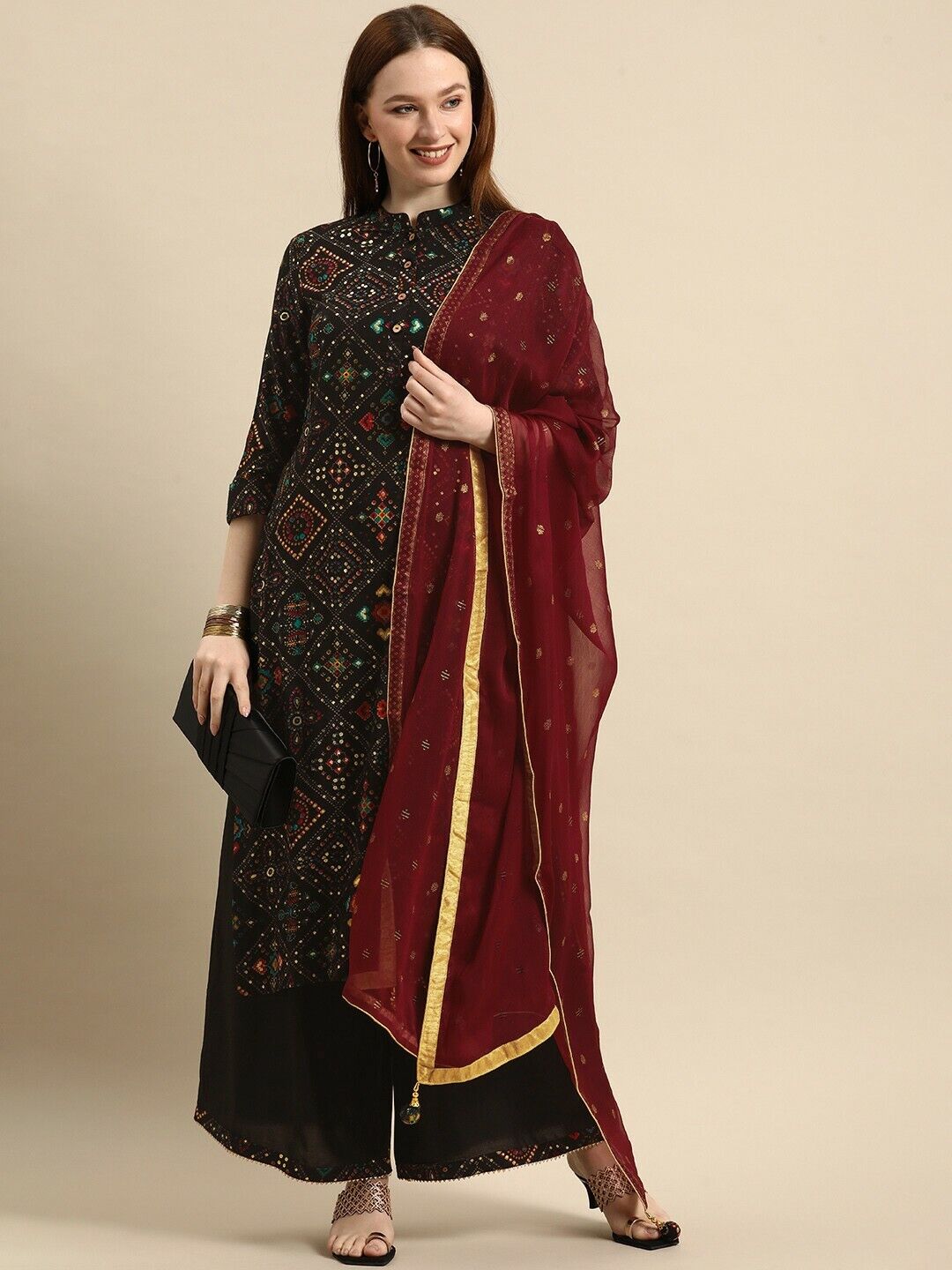 Women Kurta Set - Indian Traditional Diwali Black Ethnic Kurta Palazzos Dupatta