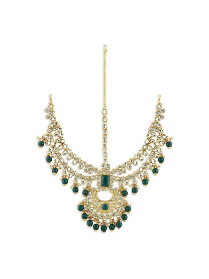 Gold-Plated Green & White Kundan-Studded & Beaded Bollywood Bridal Jewellery Set