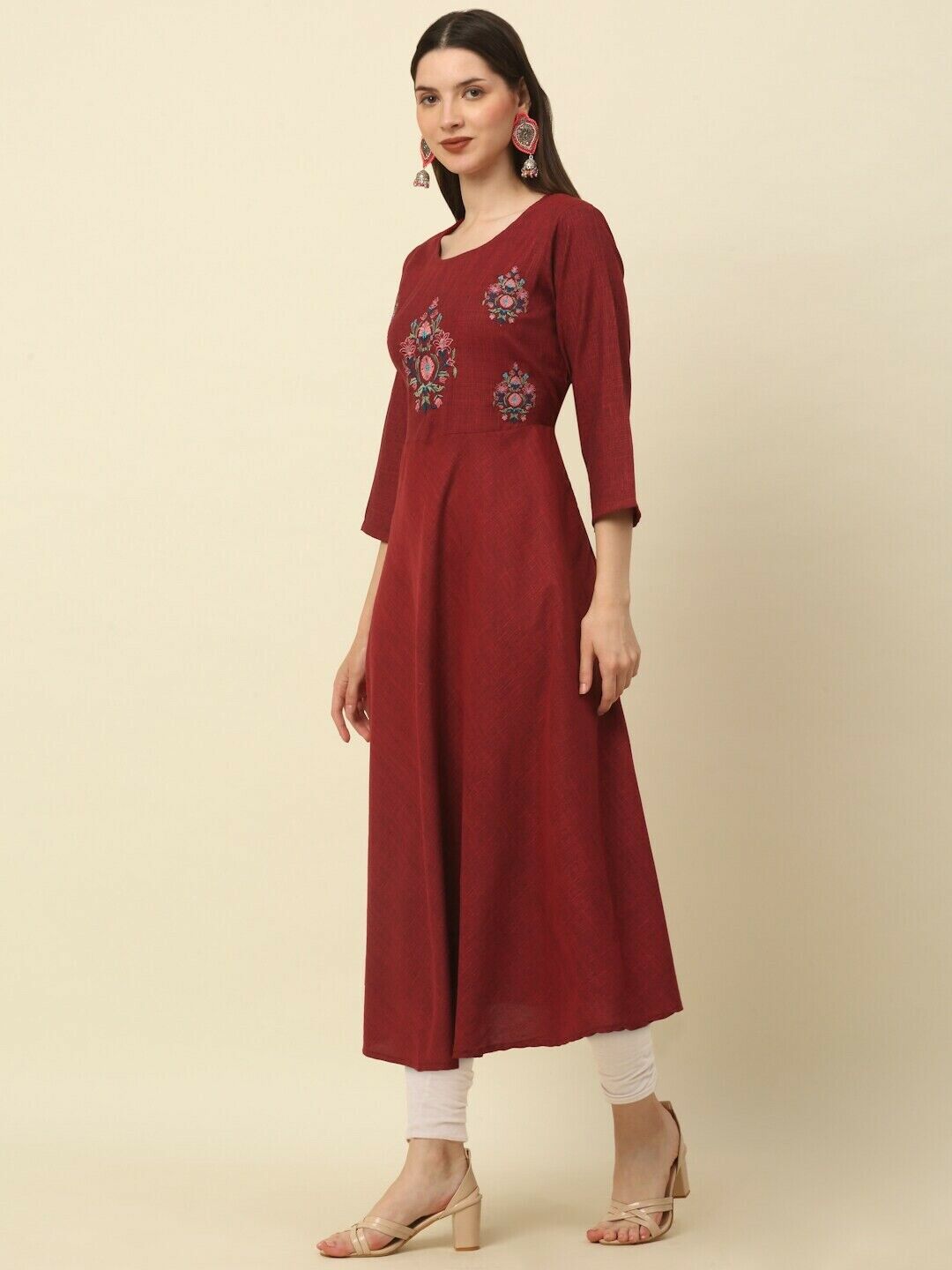 Women Kurta - Bollywood Indian Pakistani Festive Maroon Thread Work A-Line Kurta