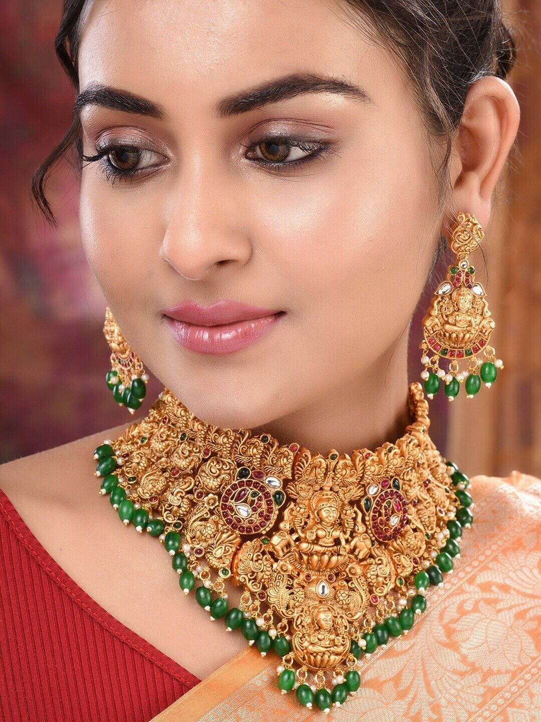 Gold-Plated Green & Pink Kundan Studded Jewellery Set