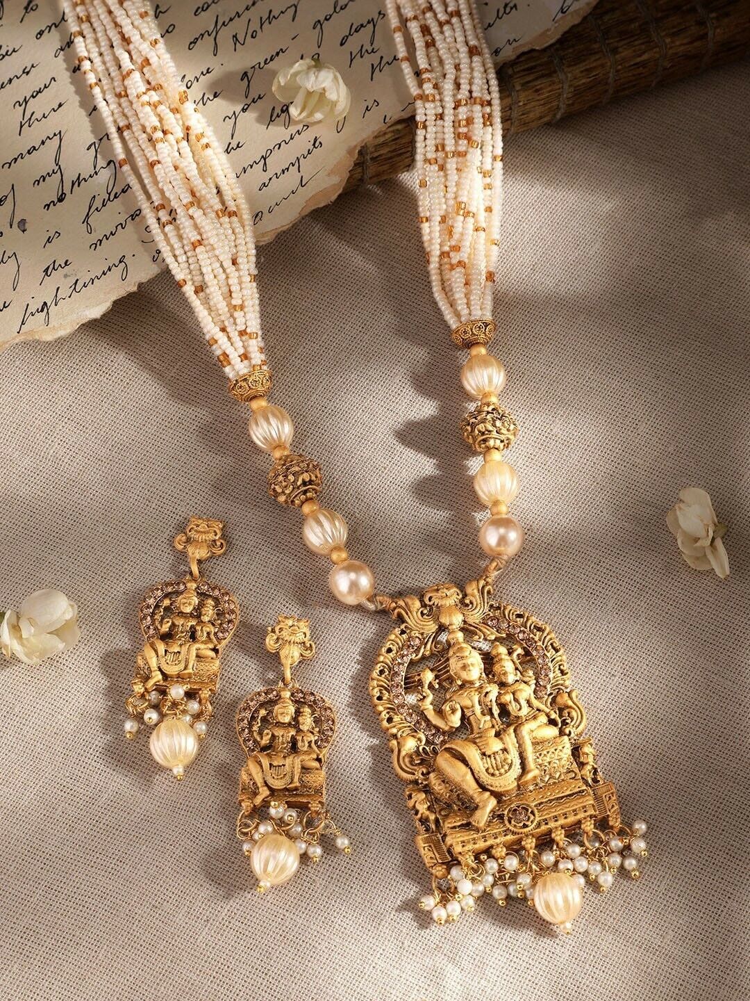 Indian Wedding Bridal Bollywood Jewelry Gold-Plated Beaded Temple Jewellery Set