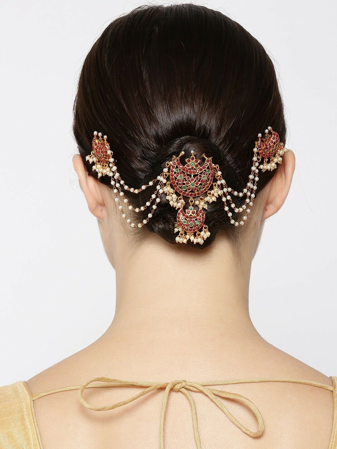 Gold-Plated Stone-Studded Red & Green Hair Bun Pin with Chain