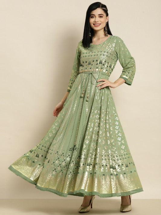 Women Dress - Bollywood India Bridal Sage Green Foil Printed Flared Ethnic Dress