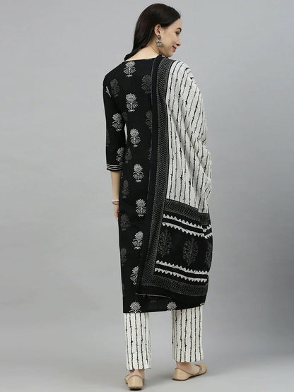 Women Kurta Set - Indian Diwali Black & White Printed Kurta Trousers & Dupatta