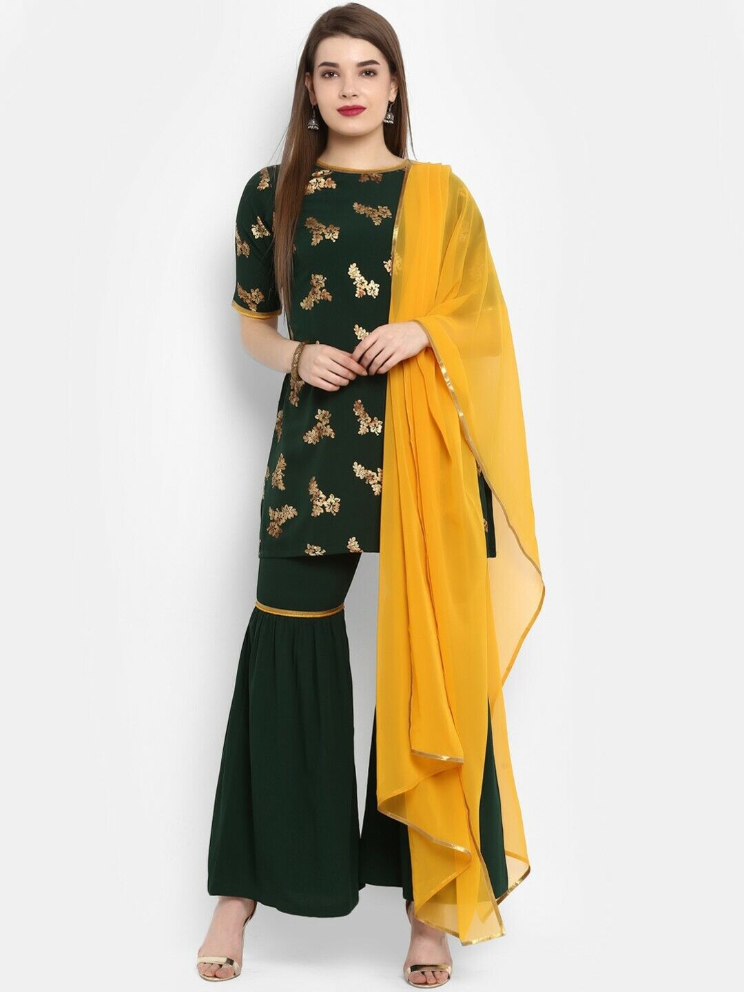 Women Kurta Set - Green & Orange Printed Bollywood Kurta with Sharara & Dupatta