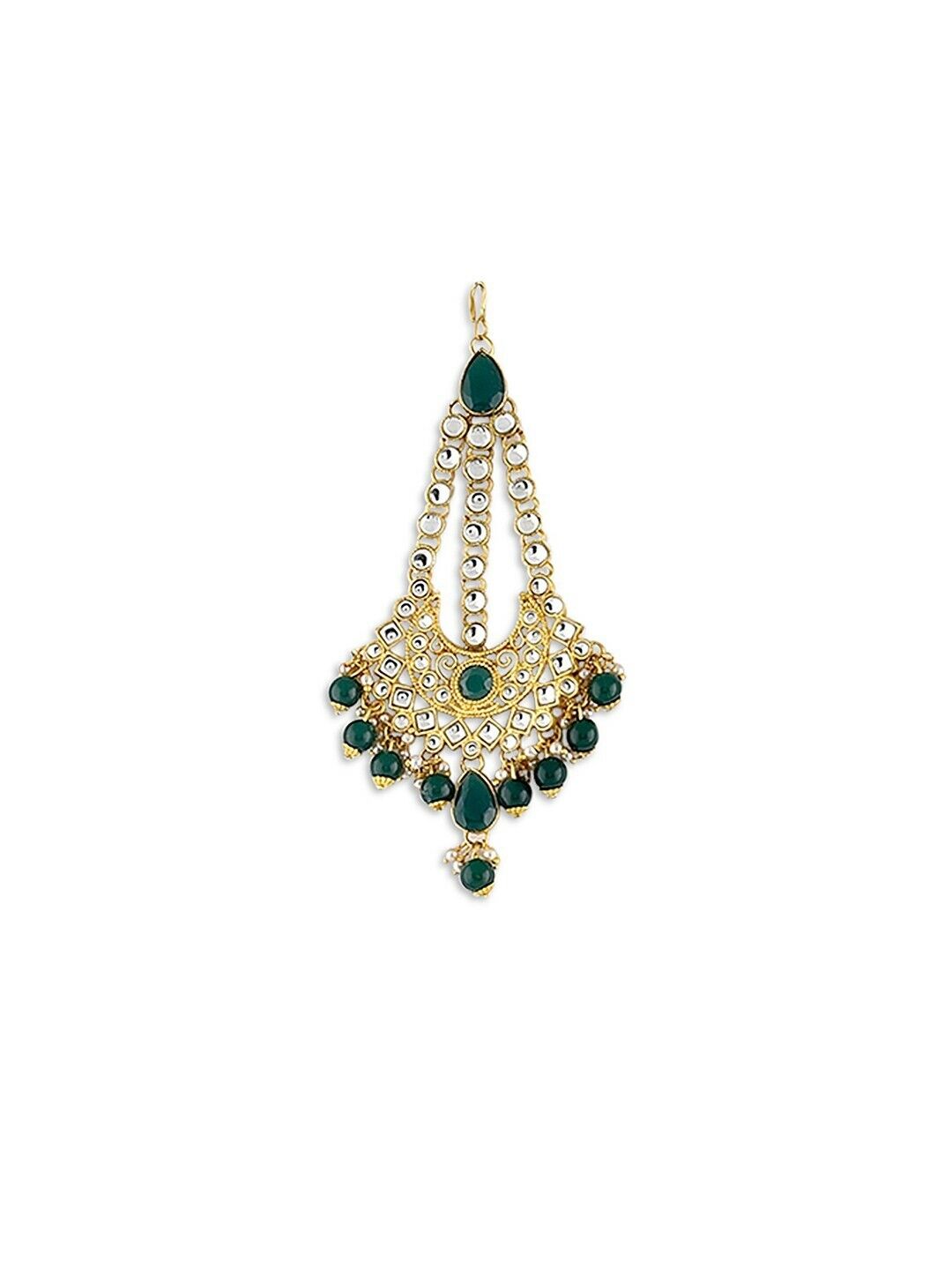 Gold-Plated Green & White Kundan-Studded & Beaded Bollywood Bridal Jewellery Set