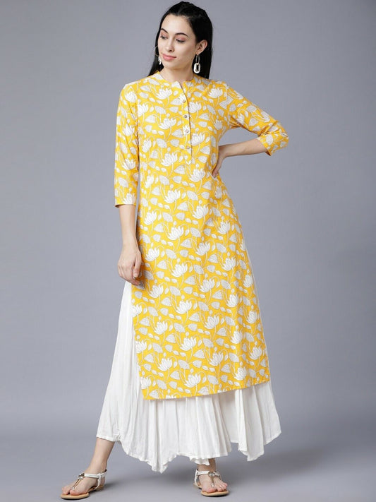 Floral Women Yellow & White Printed Straight Bollywood Indian Kurta Dress Large