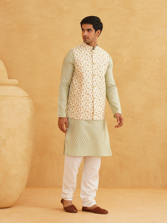 Men’s Woven Design Kurta Set with Churidar & Nehru Jacket – Contemporary Ethnic Ensemble