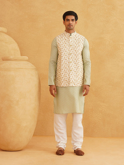 Men’s Woven Design Kurta Set with Churidar & Nehru Jacket – Contemporary Ethnic Ensemble