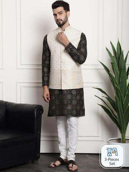 Men’s Floral Printed Kurta Set with Churidar & Nehru Jacket – Elegant Ethnic Ensemble