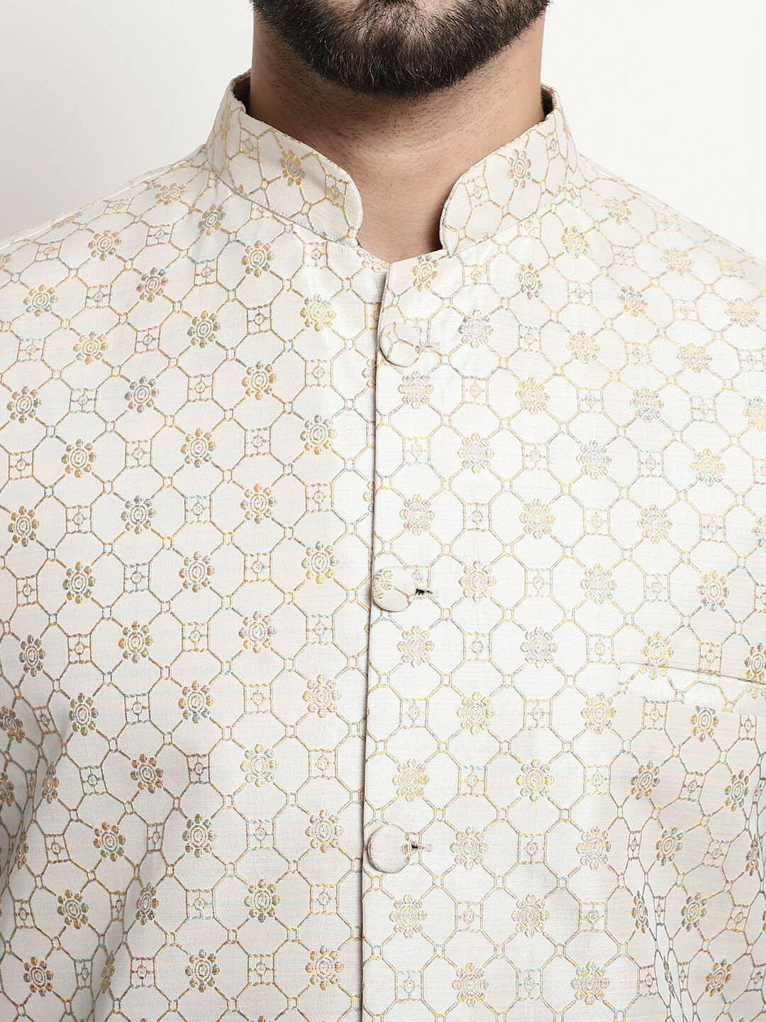 Men’s Floral Printed Kurta Set with Churidar & Nehru Jacket – Elegant Ethnic Ensemble