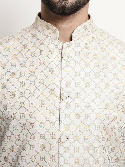 Men’s Floral Printed Kurta Set with Churidar & Nehru Jacket – Elegant Ethnic Ensemble