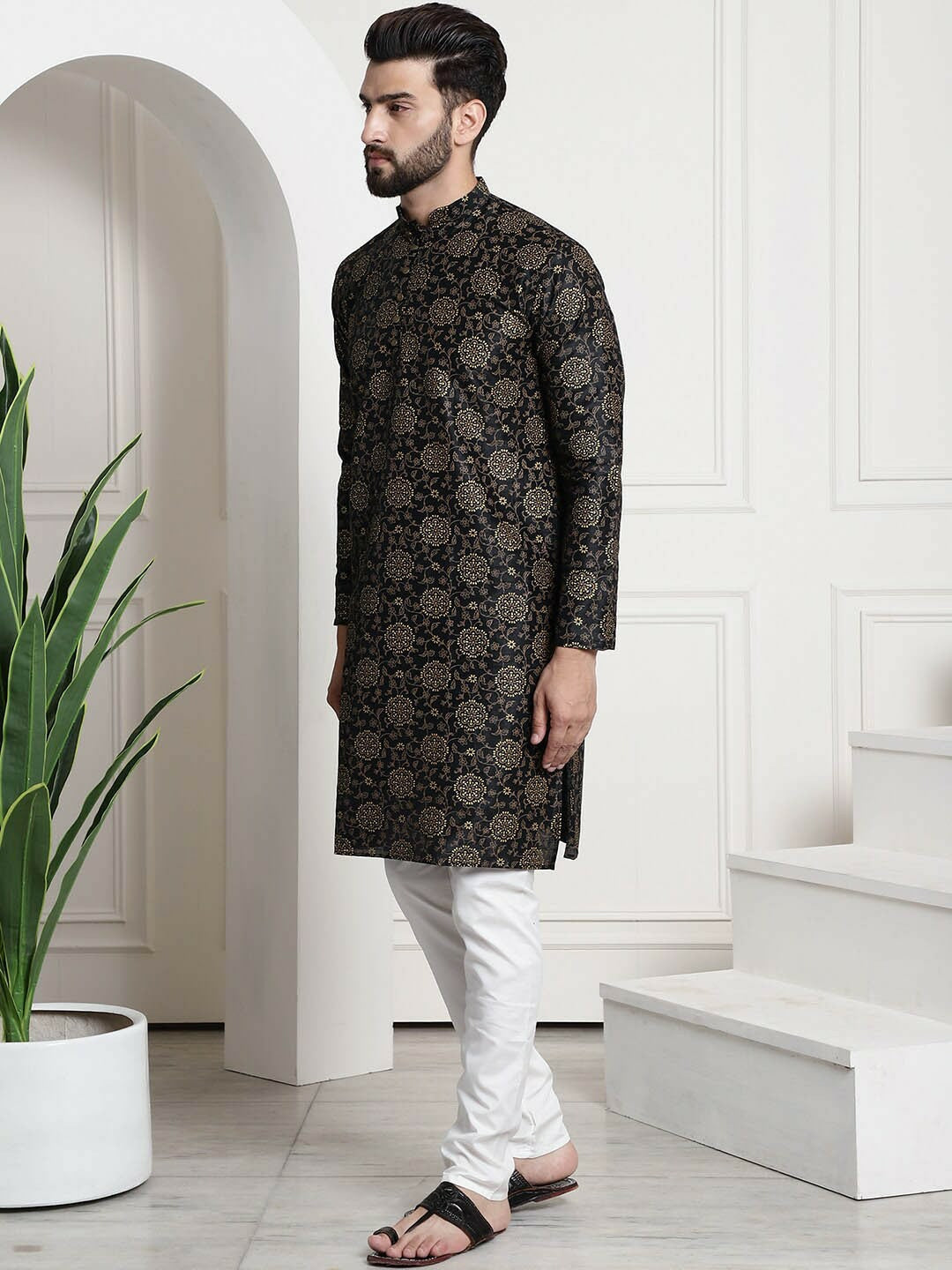 Men’s Floral Printed Kurta Set with Churidar & Nehru Jacket – Elegant Ethnic Ensemble