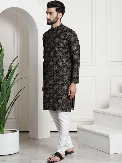Men’s Floral Printed Kurta Set with Churidar & Nehru Jacket – Elegant Ethnic Ensemble