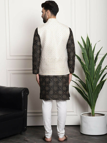 Men’s Floral Printed Kurta Set with Churidar & Nehru Jacket – Elegant Ethnic Ensemble