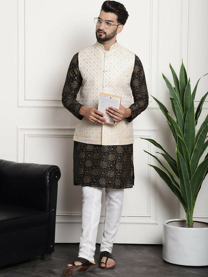 Men’s Floral Printed Kurta Set with Churidar & Nehru Jacket – Elegant Ethnic Ensemble