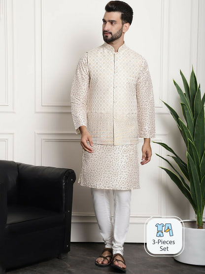 Men’s Floral Printed Kurta Set with Churidar & Woven Nehru Jacket – Elegant Ethnic Ensemble