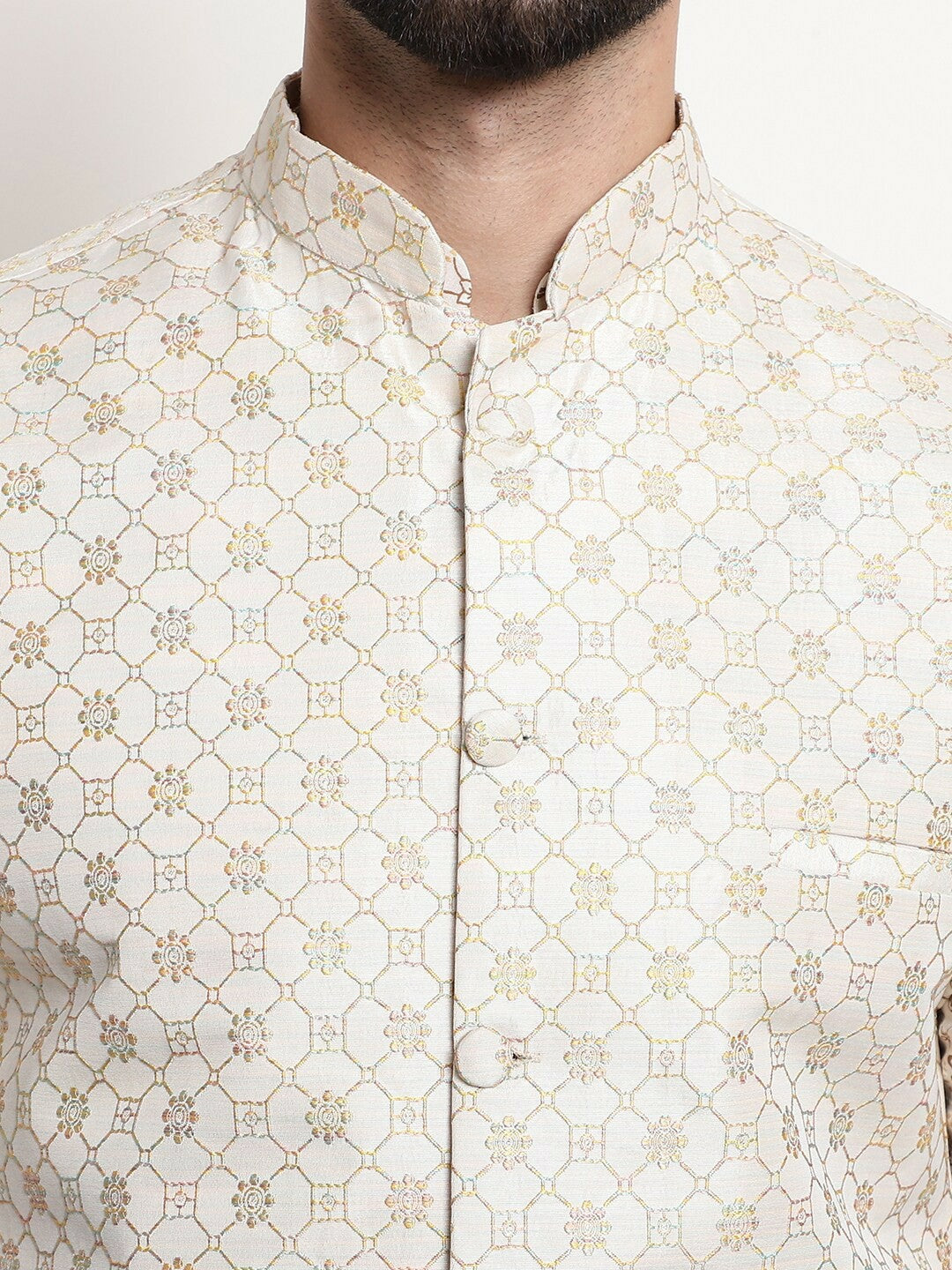 Men’s Floral Printed Kurta Set with Churidar & Woven Nehru Jacket – Elegant Ethnic Ensemble