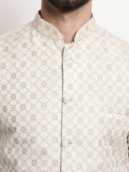 Men’s Floral Printed Kurta Set with Churidar & Woven Nehru Jacket – Elegant Ethnic Ensemble