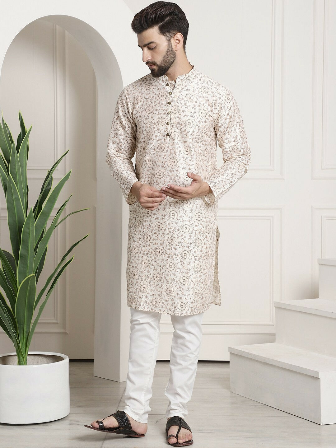Men’s Floral Printed Kurta Set with Churidar & Woven Nehru Jacket – Elegant Ethnic Ensemble
