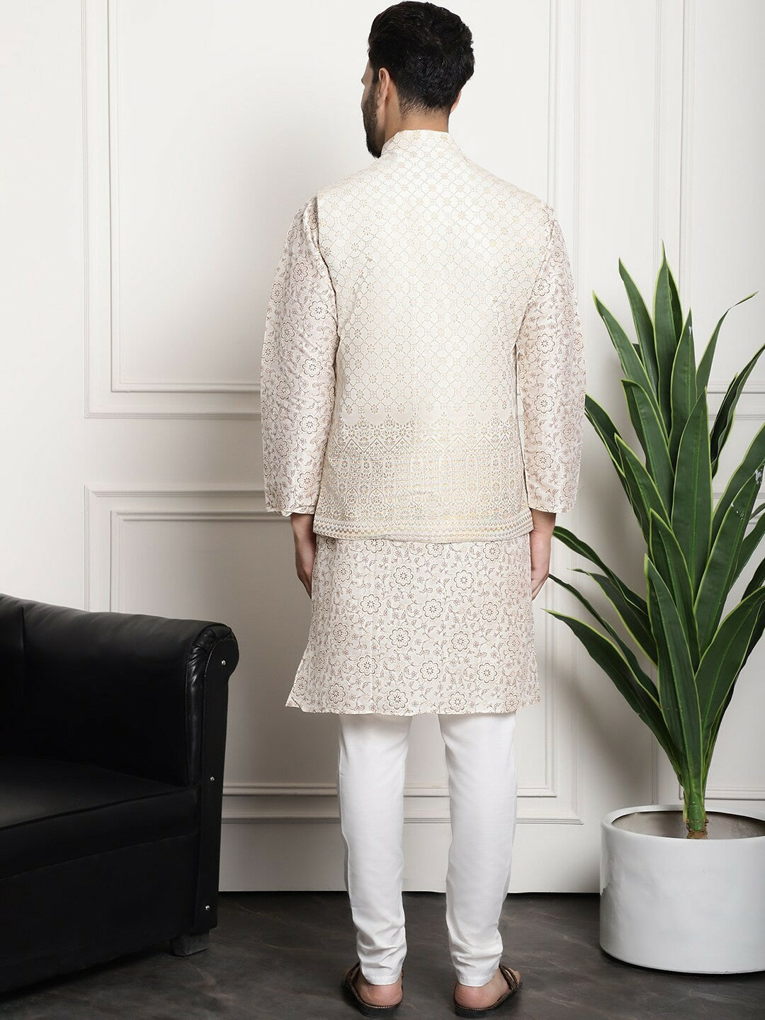 Men’s Floral Printed Kurta Set with Churidar & Woven Nehru Jacket – Elegant Ethnic Ensemble