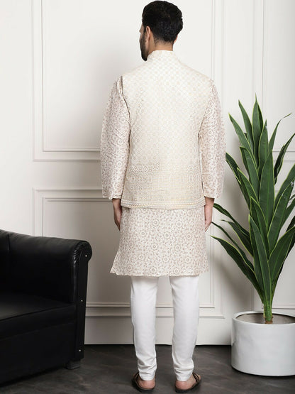 Men’s Floral Printed Kurta Set with Churidar & Woven Nehru Jacket – Elegant Ethnic Ensemble