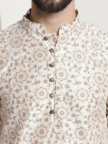 Men’s Floral Printed Kurta Set with Churidar & Woven Nehru Jacket – Elegant Ethnic Ensemble