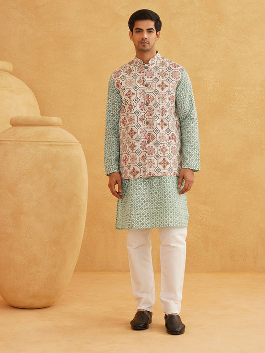 Men’s Ethnic Motifs Printed Kurta Set with Pyjamas & Nehru Jacket – Traditional Elegance
