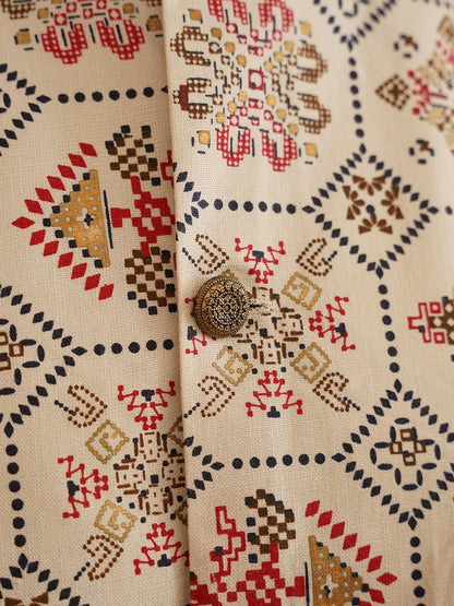 Men’s Ethnic Motifs Printed Kurta Set with Pyjamas & Nehru Jacket – Traditional Elegance