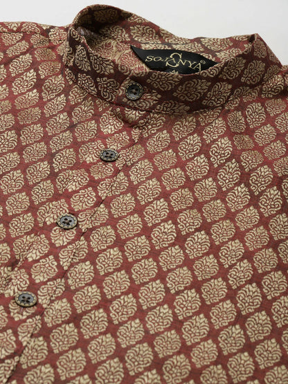 Men's Maroon Silk Blend Kurta Set with Pyjamas & Nehru Jacket – Traditional Elegance for Festive Occasions | Indiaista