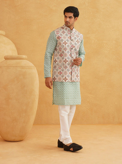 Men’s Ethnic Motifs Printed Kurta Set with Pyjamas & Nehru Jacket – Traditional Elegance