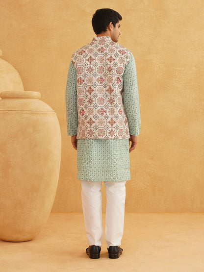 Men’s Ethnic Motifs Printed Kurta Set with Pyjamas & Nehru Jacket – Traditional Elegance