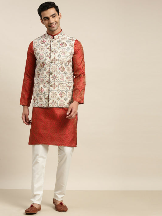 Men’s Red Ethnic Motifs Kurta Set with Pyjamas – Traditional Elegance