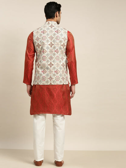 Men’s Red Ethnic Motifs Kurta Set with Pyjamas – Traditional Elegance