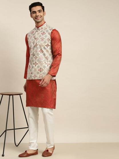 Men’s Red Ethnic Motifs Kurta Set with Pyjamas – Traditional Elegance