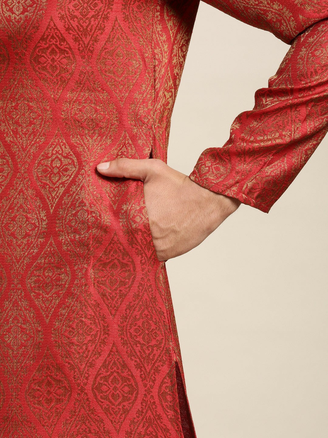 Men’s Red Ethnic Motifs Kurta Set with Pyjamas – Traditional Elegance
