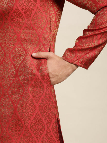 Men’s Red Ethnic Motifs Kurta Set with Pyjamas – Traditional Elegance