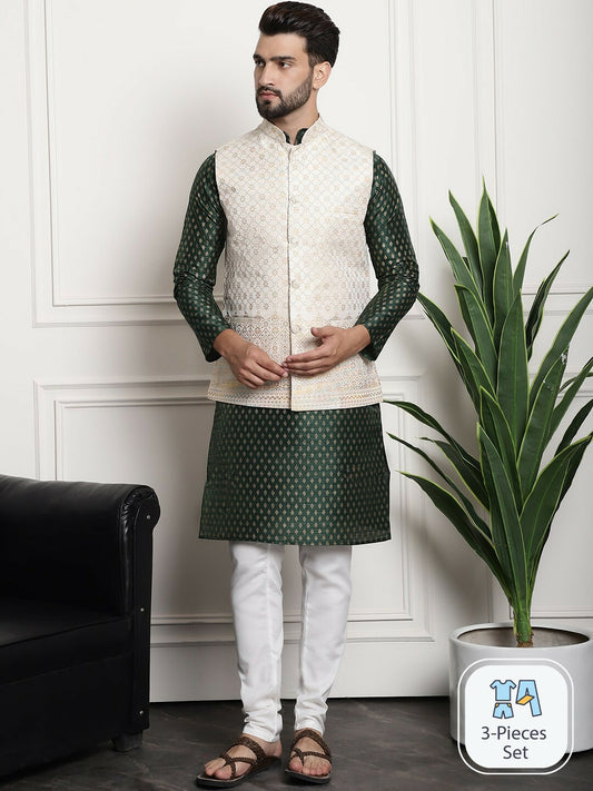 Men’s Paisley Woven Design Kurta Set with Churidar – Timeless Ethnic Ensemble