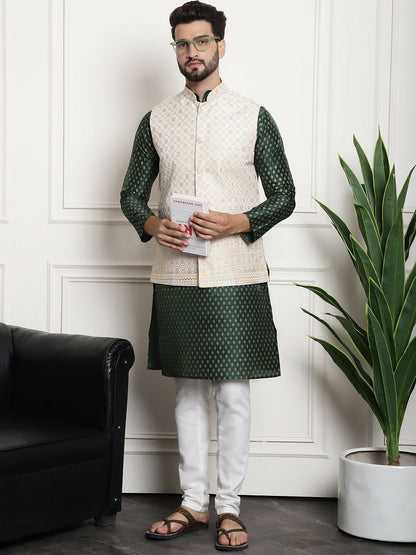 Men’s Paisley Woven Design Kurta Set with Churidar – Timeless Ethnic Ensemble