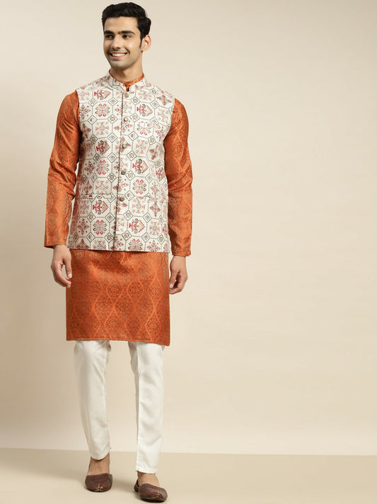 Men’s Orange Ethnic Motifs Kurta Set with Churidar & Nehru Jacket – Vibrant Traditional Ensemble