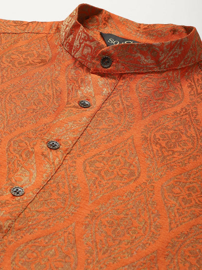 Men’s Orange Ethnic Motifs Kurta Set with Churidar & Nehru Jacket – Vibrant Traditional Ensemble