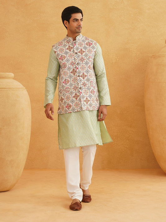 Men’s Green Ethnic Motifs Kurta Set with Churidar & Nehru Jacket – Sophisticated Traditional Ensemble